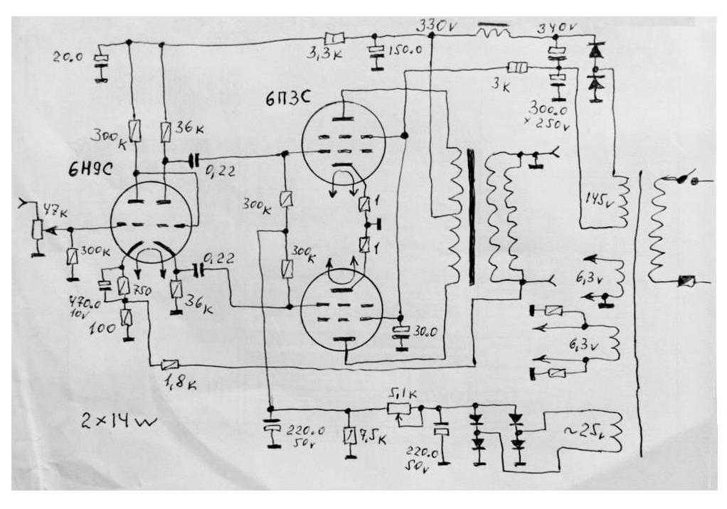 Схема двухтактного лампового усилителя на 6п3с